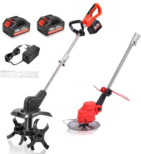 Motobineuse électrique 21 V, 300 TR/Min, Double Tambour, 4 Lames et Tondeuse à Gazon 20 cm, Largeur de Travail 30 cm, Profondeur de Travail 22 cm, écran LED Two Battery 198TV Battery