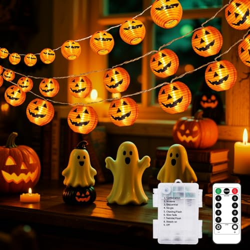btfarm Halloween Lights Outdoor with Remote, 8M 20 LED Timer Pumpkin Light Battery Operated Waterproof, 8 Modes Halloween Fairy String Lanterns for Indoor Party Garden Autumn Fall Decorations, Orange
