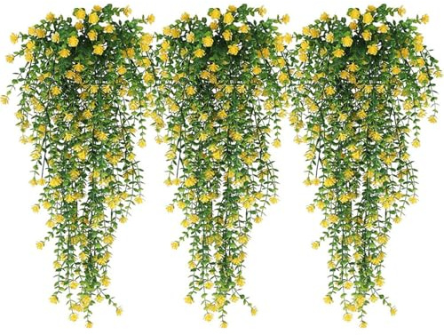 Yhuasia 3 Pezzi Fiori Artificiali Cadenti, Fiori Artificiali Cadenti, Piante Artificiali da Interno Pendenti, Edera Finta da Esterno Pendenti, per Interni Esterni Casa Decorazione (Giallo)
