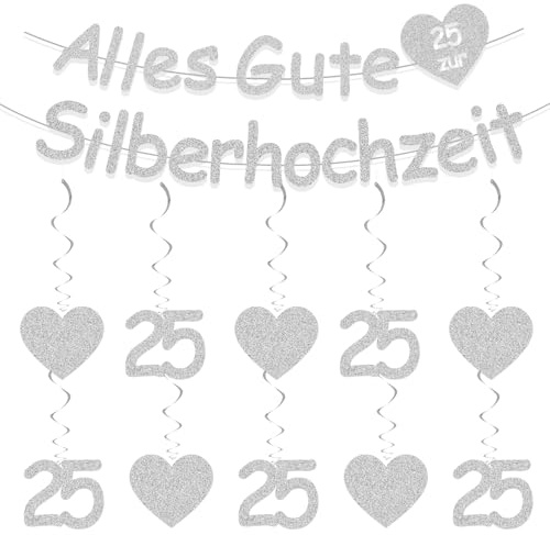 Silberhochzeit Deko Girlande, Silberne Hochzeit Banner Wirbel Set, Hochzeit Deko Silberhochzeit 25 Jahre Jubiläum Spiralen, Silber Deko zur Silberhochzeit Luftschlangen für 25 Jahre Party Dekoration