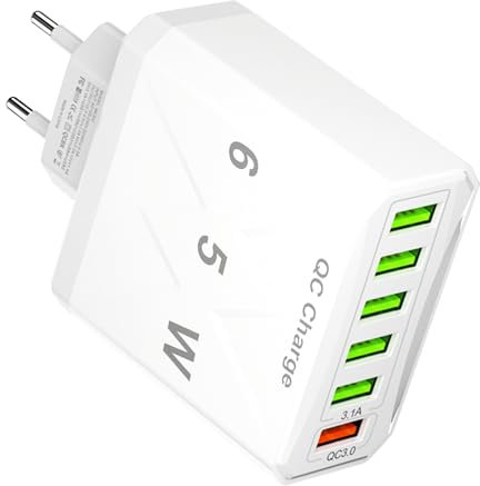 BOULESENM 65W Chargeur USB Multiple, 6Ports Chargeur Rapideavec QC 3.0 Smart Charger,Prise USB Multiple,Multiprise 6 Prises,Multi Adaptateur pour i-Phone 14/13/12/11/XS/X, SAMS-ung Galaxy S23 S22 S21