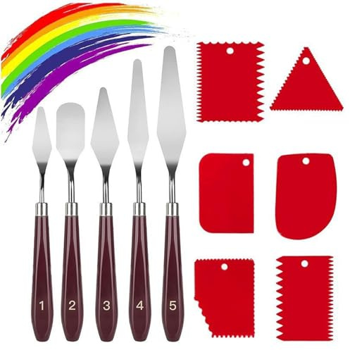 11Pcs Palette Knife Set, Oil Painting Mixing Scraper, 5Pcs Pallet Knife Painting Tools with 6 Plastic Scraper, Stainless Steel Painting Paint Knives Spatula Set for Art Craft Painting