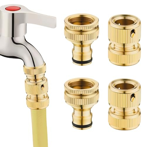 4 Pack Brass Hose Tap Connector Set 1/2 & 3/4 Quick Connectors Brass Threaded Tap Connector Garden Hose Male and Female Adaptors Connectors for Kitchen Outdoor Hose Pipe Tool