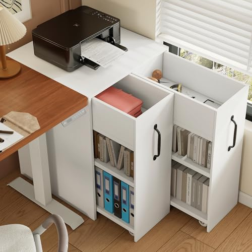Merax Aktenschrank auf Rollen 52x50x75cm, Kompakter Aktenschrank aus Holz mit Schubladen, Fächern, tauschbarem Design, flexibel einsetzbar als Nachttisch oder Sofabeistellschrank, Weiß