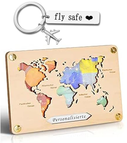BaiDekun 2 Stück Set Geldgeschenk Reise, Mini Grußkarte Weltkarte aus Holz mit Schlüsselanhänger Flugzeug, sichere Urlaubskasse und Geldverpackung für Hochzeit oder Geburtstag
