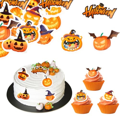 ALEGRE Essbare Kürbis Kuchen Deko Halloween Geburtstag Deko, 48 Stück Esspapier Tortendeko Halloween, Kürbis Cupcake Topper Essbar, Geburtstag Kuchendeko Halloweenparty Horror Party