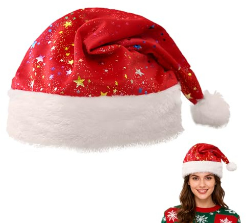 CHEERYMAGIC Santa Hat for Adults Star Christmas Hats Unisex Red Plush Santa Claus Hat Xmas Hats Holiday Headwear for New Year Festive Christmas Party Fancy Dress Accessory A7XXSDM
