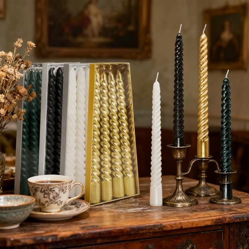 ePicsoa 16 Stück Tropffreie Spitzkerzen 20 cm Lang - Weiß Schwarz Gold Grün - Gedrehte Stabkerzen für Weihnachtsdekoration, Festliche Tischdeko, Kerze Aesthetic Geruchlos
