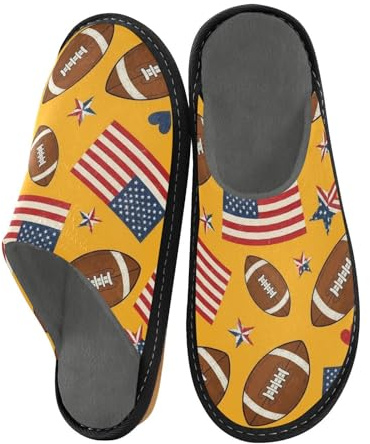 JUNZAN Pantofole a forma di pallone da calcio con bandiera americana, per donne e uomini, in memory foam, per camera da letto e interni,, Giallo, 9-10 Women/10-11 Men