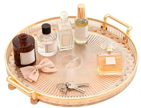 aieieii Gold Trays Decorative, with Handle Round Decorative Tray, Perfume Trays, Durable Drinks Tray Suitable for Storing Fruits Beverages Snacks or Other Items in Family Sized Portions