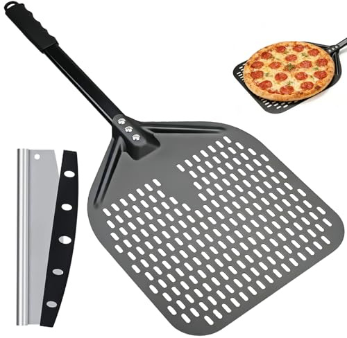 Premium pizzaspatel – lång pizzaspade – perforerad pizzaspade av hård anodiserad aluminium – gör pizzadegen enkel glidning – grilltillbehör present