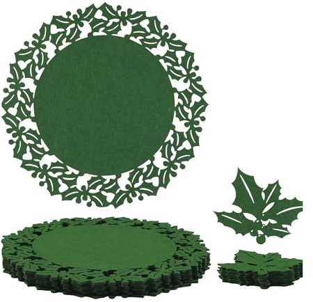 Christmas Felt Place Set,Weihnachtsdeko Tisch,Tischset Weihnachten,Platzdeckchen Weihnachten,6 Round Placemats (33 cm) 6 Leaf-Shaped Coasters (12.7 cm) - Eco Non-Woven Fabric (Dark Green)