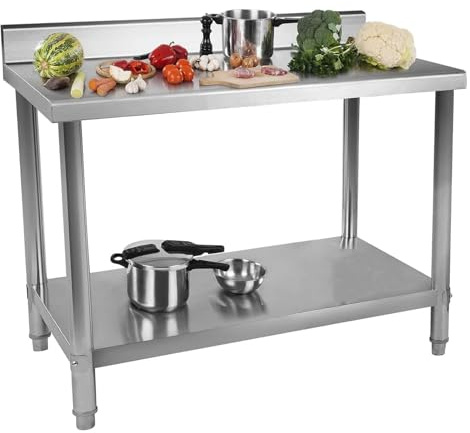 Tavolo da lavoro da cucina in acciaio inox resistente con paraschizzi, piedini regolabili, stazione di preparazione a 2 livelli per ristorante, garage, magazzino, 100 x 60 x 80 cm