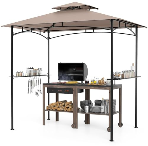COSTWAY Grillpaviljong med dubbeltak, 2 sidohyllor och 6 krokar, BBQ paviljong, grillbaldakin, väderbeständigt, grillskydd för trädgård, gräsmatta, terrass, lusthus metall, 242 x 150 x 250 cm (brun)