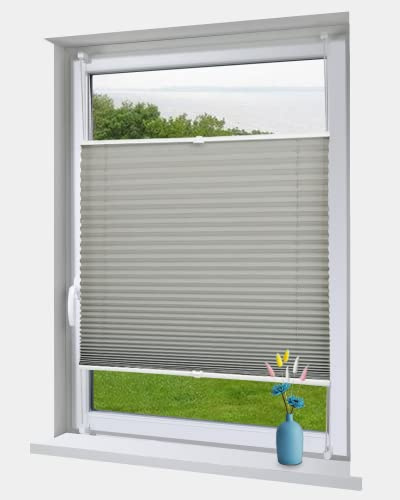 OBdeco Plissee Rollo Klemmfix ohner Bohren lichtdurchlässig Crushed Optik Faltrollo für Fenster und Türen Easyfix Hellgrau 95x130cm