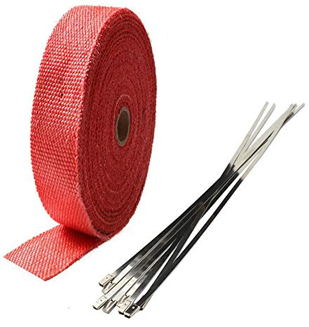 ETOPARS 2.5CM X 15M Fiberglas Rot Hitzeschutzband Auspuffband Auspuff Hitze Wickel Schild Hülle Auto Motorrad Krümmerband mit 6 Pcs Kabelbinder