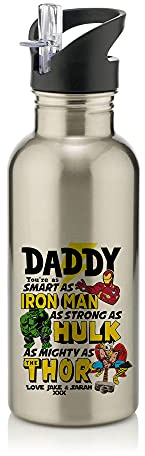 Personalised You’re My Favourite Hero Daddy gift from son/daughter ANY NAME Fathers Day, Birthday, Godfather, Stainless Steel 600ml Water Bottle with Straw.
