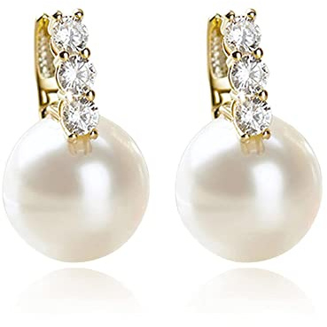 Pearl Earrings for Women 14K Gold Plated Hypoallergenic Pearl Earrings 5A Cubic Zirconia Dangle Earrings Elegant Jewelry (1-Gold)