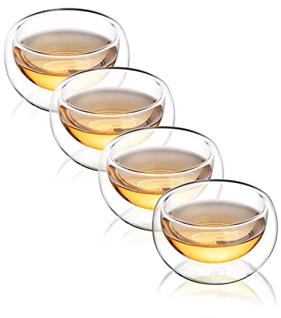 CNGLASS Tea Cups Set of 4 Double Wall Glass Tea Cup, 150ml/5.1oz Asian Insulated Clear Teacups 150ML,Small Espresso Cup for Coffee