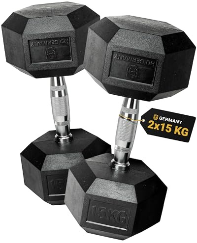 HQ Germany® Hexagon Hanteln 2,5-37,5kg [geruchsarmes PVC] - Studio Hanteln | Gefräster Stahlkern, geruchsarmes PVC, ±1,5% kalibriert, chrombeschichteter Griff, rollt nicht weg, REACH-geprüft
