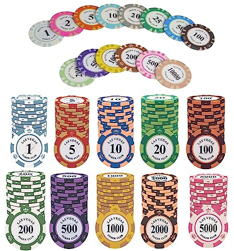 YouYuer 50 st professionella pokerchips, spel pokerchips underhållning av 10 färger med nominellt värde Texas Hold'em Poker Roulette Casino Chips Poker Chips