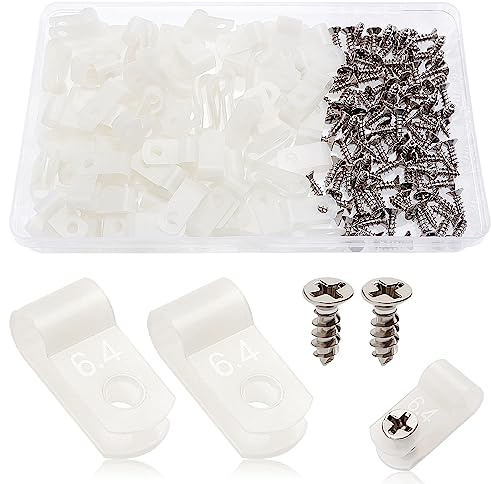 VooGenzek 100 Stück 6.4mm (1/4 Zoll) Nylon R-Type Kabelhalter, R Typ Cable Clip Drahtklemme mit 100 Stück Schrauben, für Drahtmanagement (Weiß)