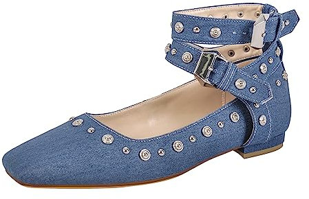 Only maker Damen Riemchenpumps Riemchen Ballerinas Flache Schuhe mit Schnalle Nieten Eckige Denim Schuhe Jeansblau 42 EU