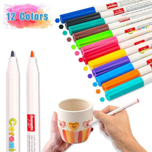 Withosent 12 Colori Pennarelli in Porcellana Lavabili in Lavastoviglie - Pennarelli per Pittura su Vetro - Pennarelli in Ceramica per Dipingere e Decorare per Bambini dai 3 Anni