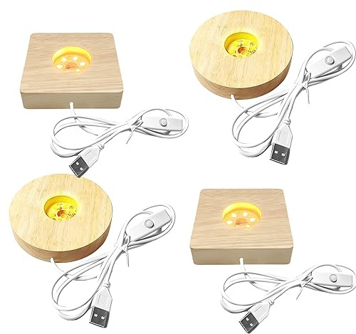 Nizirioo Base di Visualizzazione con Luci LED: 4 Pezzi in Legno, Espositiva Luminosa USB, Supporto da Tavolo Luce Calda per Vetro Acrilico (Rotondo + Quadrato)