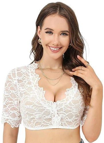 Xnova Dirndl Donna in Pizzo Camicetta Dirndl Bluse Bianco Tradizionali Elegante Maniche Corte Top Bavarese Oktoberfest Feste a Tema, A, L