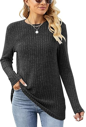 Famulily Ladies Long Sleeve Tops Casual, Womens Thin Longline Knitwear Sweater Warm Cosy Jumpers (XL, Dark Grey)