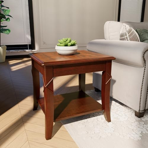 LEEMTORIG Vintage Cherry Solid Wood End Tables Living Room, Queen Anne Style Accent Side Table with Cabriole Legs, 2-Tier Nightstand with Storage Shelf, 19.7 Wx17.7 Dx19.7 H, Cherry Walnut CJZ-DR200