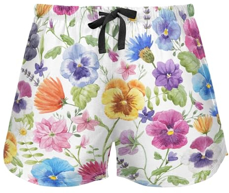Damen-Pyjama-Shorts, Loungehose, bunt, Sommer, Stiefmütterchen, Blumen, Nachtwäsche, Kordelzug, Workout-Shorts, Pyjamahose, Bunte Sommerstiefmütterchen-Blumen, XXL