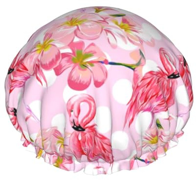 Wiederverwendbare Duschhaube für Damen, rosa Flamingo-Badehaube, doppellagig, wasserdicht, Dusch-Haarschutz, verstellbares Gummiband, Duschhut für Home-Spa-Salon, Badehauben