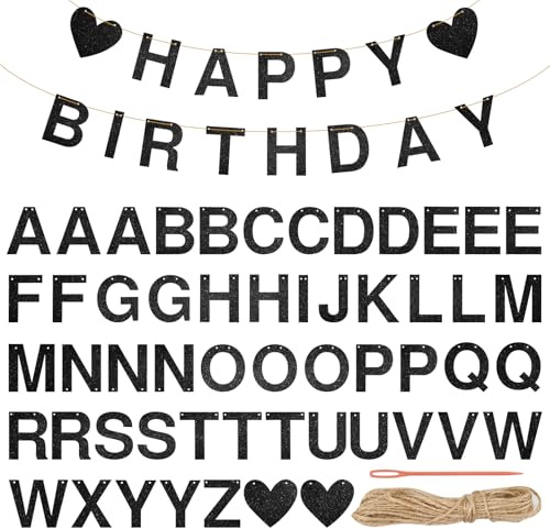 Schwarzes individuelles Banner-Set, 54 Stück, glitzernde, anpassbare Buchstaben-Symbole, DIY personalisierte Wimpelkette mit 10 m Juteseil, Happy Birthday-Banner, Party-Dekorationen