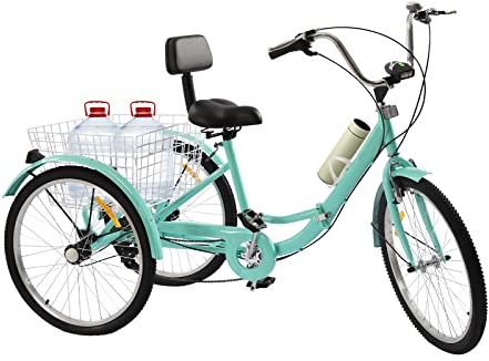 jiumxliu 24 Zoll Faltbares Dreirad 7 Gänge Dreirad für Erwachsene mit 3 Rädern Rückenlehne und Einkaufskorb, City Einkauffahrrad Bike für Erwachsene Männer Frauen und Senioren in Türkis