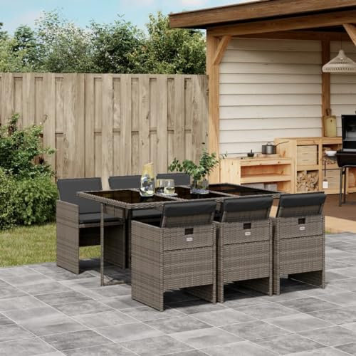 Keyroto Rattan Sitzgruppe für 6 Personen, Gartenmöbel Polyrattan, Gartentisch mit 6 Stühlen & Kissen, Gartengarnitur Sitzgarnitur, Essgruppe Outdoor Terrasse Grau Type-43
