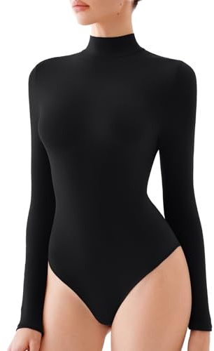 REORIA Women's Mock Turtleneck Body Suits Long Sleeve Bodysuits Fall Winter Double Lined Soft Basic Slim Tight Layering Tops Trendy Outfits 2024(Black XX-Large)
