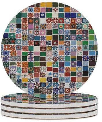 Runde Untersetzer, 4 Stück, Mosaik-farbig bedruckte Keramik-Untersetzer mit Korkboden, Getränkeuntersetzer für Tischschutz, Couchtischdekoration, ideal für Heimdekoration, Haus
