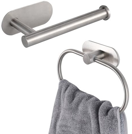 Eolax Porte-rouleau de papier toilette/anneau porte-serviettes, accessoires de salle de bain sans perçage, porte-papier toilette adhésif en acier inoxydable et porte-serviettes, montage mural, nickel