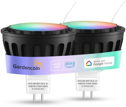 Gardencoin MR16 LED Bulb Color Changing, RGBCW Smart GU5.3 LED Bulbs Dimmable, 6W 12V Bi-Pin Base, Spotlight Bulbs Replacement for Halloween & Christmas Outdoor, WiFi Bluetooth Control (2 Pack)