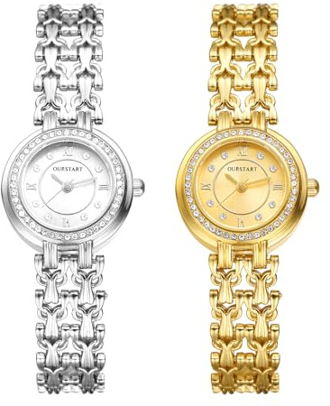 JewelryWe Damklocka glitter strass klockor: uppsättning av 2 elegant analog kvarts armbandsur damer metallarmband liten ledig klocka med romerska siffror diamantskala urtavla, guld silver, 2-pack