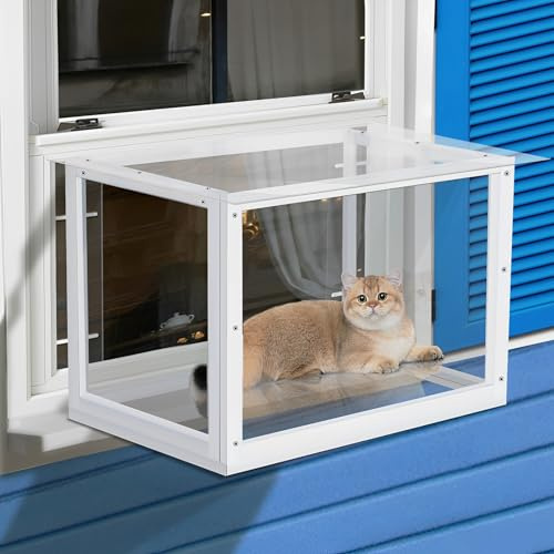 Catio Katzenfenster aus Acryl, für den Außenbereich, Katzen-Fensterbox mit Holzrahmen, Katzenfensterstange mit wasserdichtem, transparentem Dach zum Sonnenbaden, Nickerchen, Genießen der Sicht im