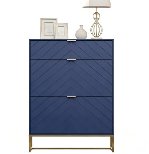 UEV Schuhschrank mit 3 Klappen schmal Schuhablage Schuhkommode Schuhregal Schuhkipper Platzsparend, mit Kippschutz/Trennwand verstellbar für Wohnzimmer Flur, 80x24x122cm, Blau