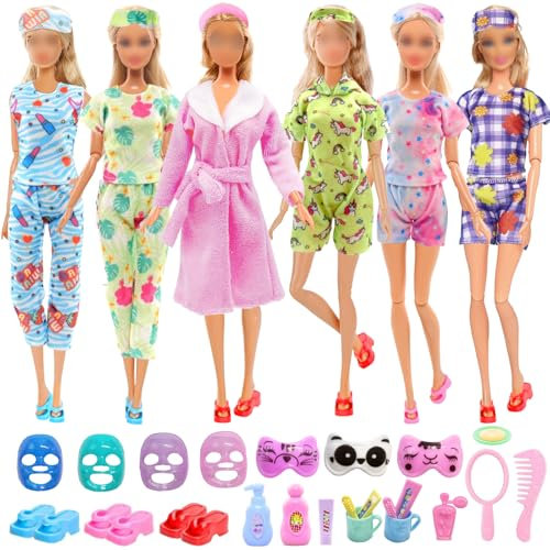 Barbie Poupée 28 pièces Ensemble de vêtements de nuit et accessoires, 5 pyjamas, peignoir, 7 masques, 3 pantoufles, 13 accessoires de salle de bain 29,2 cm