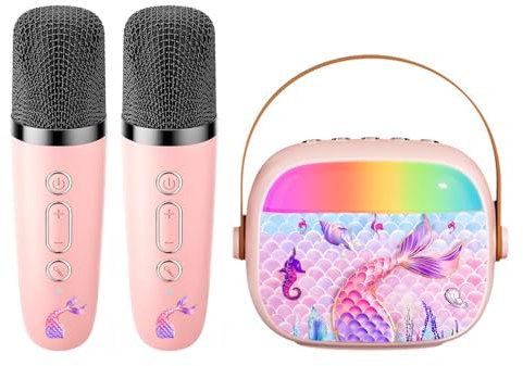 Karaoke Maschine mit 2 Mikrofon Kinder, Meerjungfrau Geschenk für Mädchen 3-12 Jahre Mini Karaoke Mikrofon Geburtstagsgeschenk MusikLautsprecher