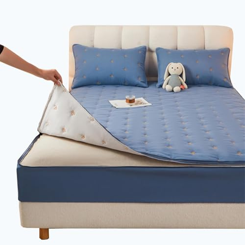 Coprimaterasso Matrimoniale con Cerniera 160x190/180x200 Copri Proteggi Materasso Imbottito, Singolo Proteggi Materasso con Angoli Letto Traspirante Lenzuolo Lavabile(Blue,90x190+25cm)