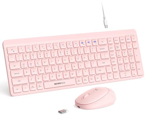 Ensemble clavier et souris sans fil rose pour ordinateur de bureau, Mac, iPad, Bluetooth, 2,4 GHz, rechargeable, fin, clic silencieux, avec pavé numérique, compatible avec PC, ordinateur portable