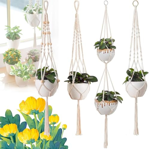 CHWUYI 4 Pack Macrame Plant Hanger,Hanging Plant Pot Sturdy Hanging Planter Basket Indoor Plant Pots Holder for Bedroom Patio Kitchen Office Decor