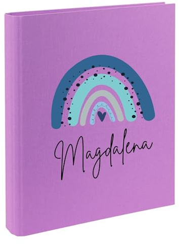 minimutz Zeugnismappe Kinder mit Name personalisiert - Dokumentenmappe Regenbogen für Mädchen Jungen - Zeugnisordner Leinen zum Einsortieren (Mappe in lila, Regenbogen blau)